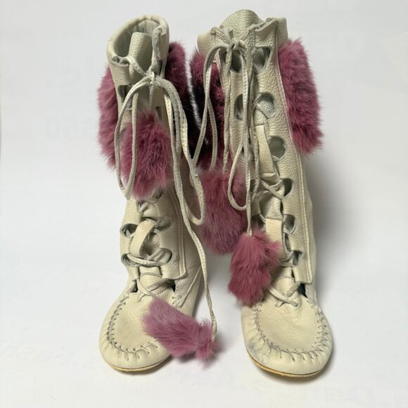 High Top White Leather Moccasins with Rabbit Fur & Pom Poms – Made in Canada – W - Picture 3 of 8